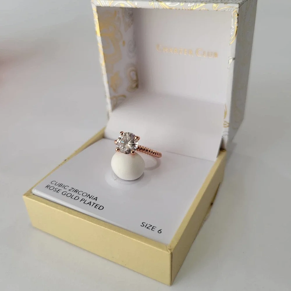 CHARTER CLUB Rose Gold-Tone Crystal Solitaire Textured Ring Engagement Size 6